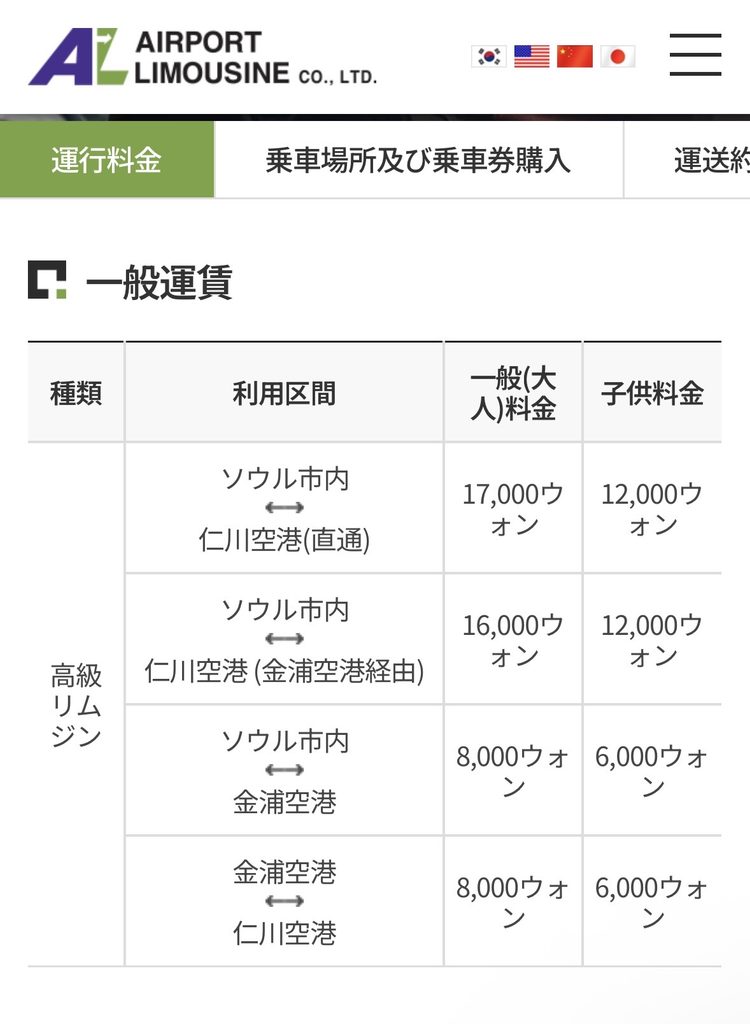 韓国_高速バス料金表